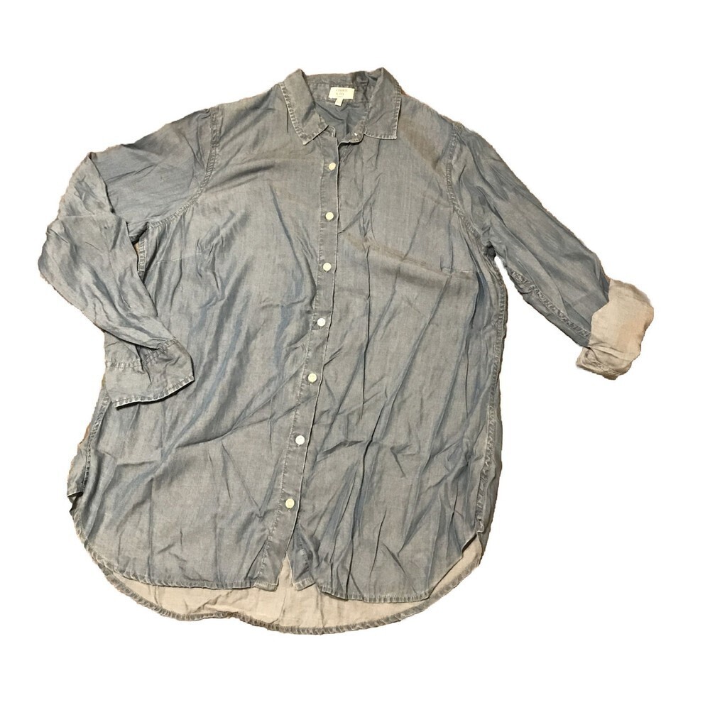 Crown & Ivy Button Down Shirt 0X Medium Chambray Blue Long Roll Tab Sleeves